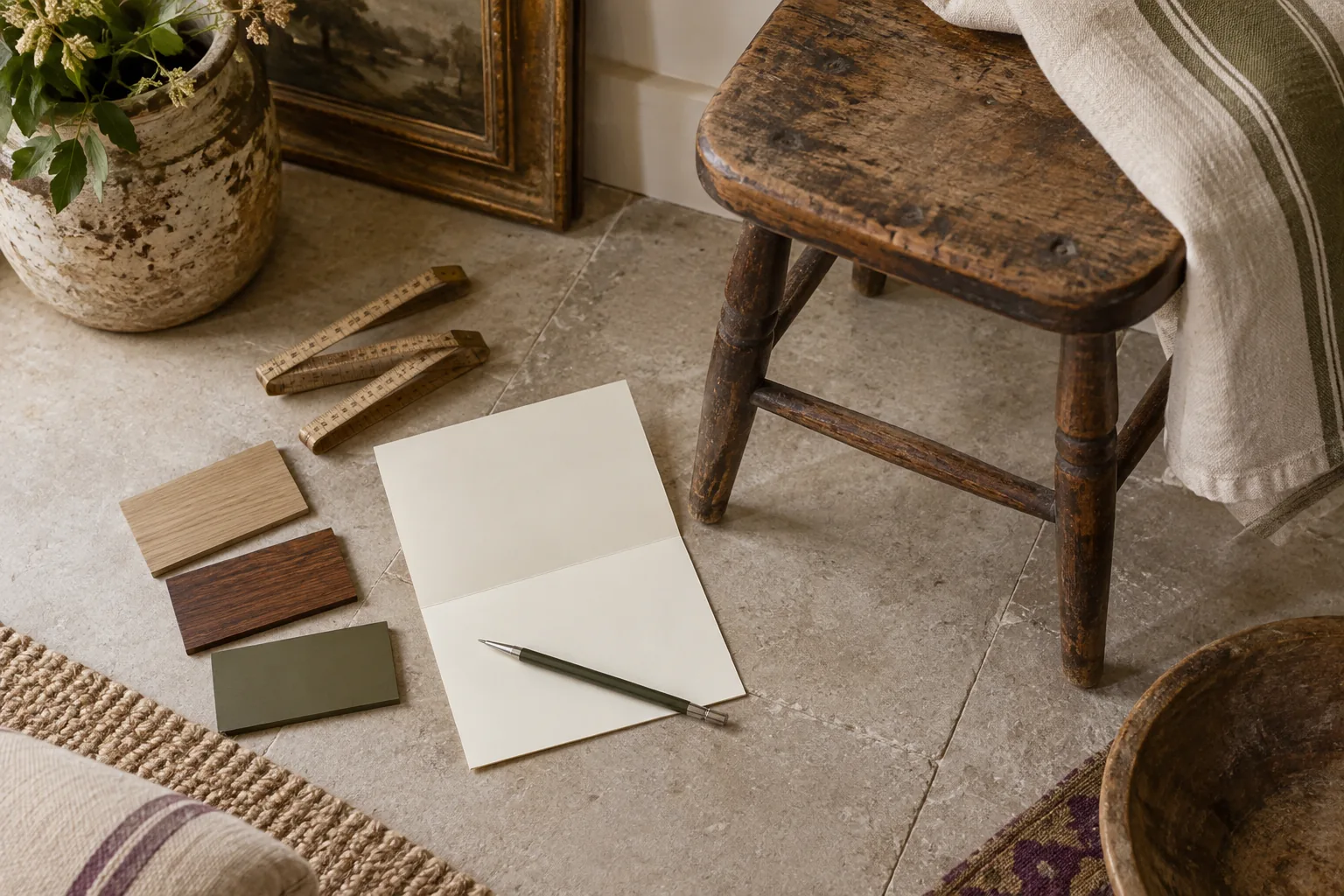 Planning card, timber samples and a measuring tape beside a vintage stool.