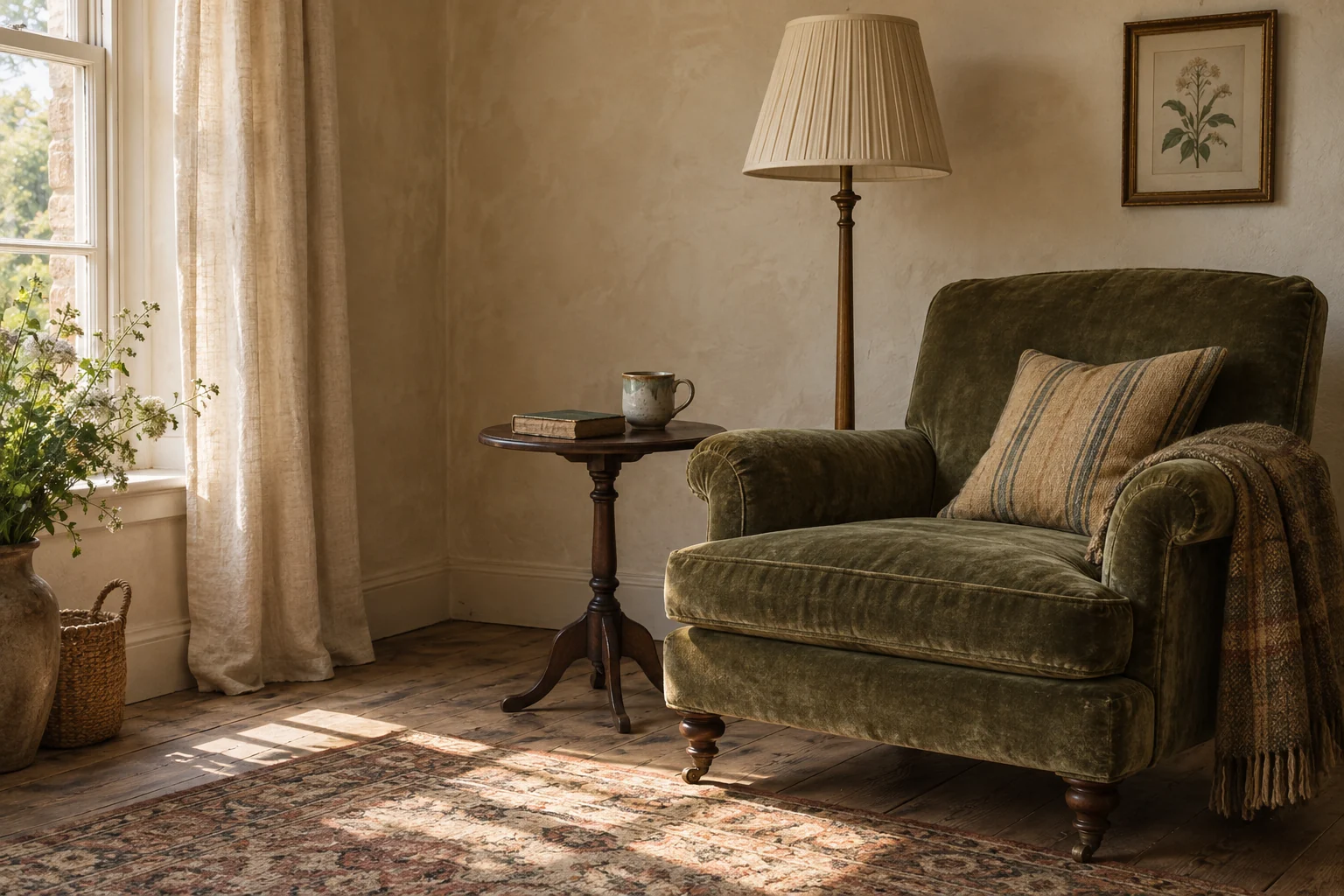 Illustrative reading corner with an olive armchair and pleated lamp
